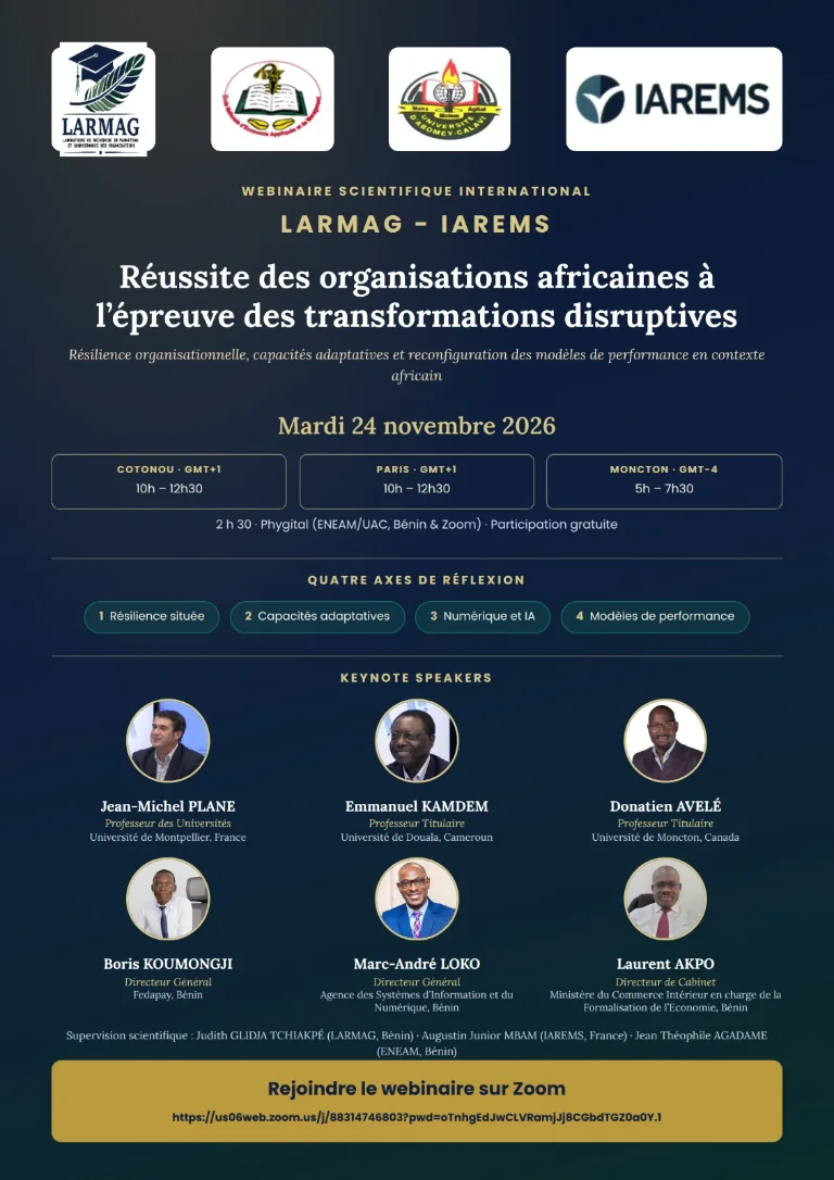 Affiche du webinaire LARMAG–IAREMS sur la réussite des organisations africaines, le 24 novembre 2026.